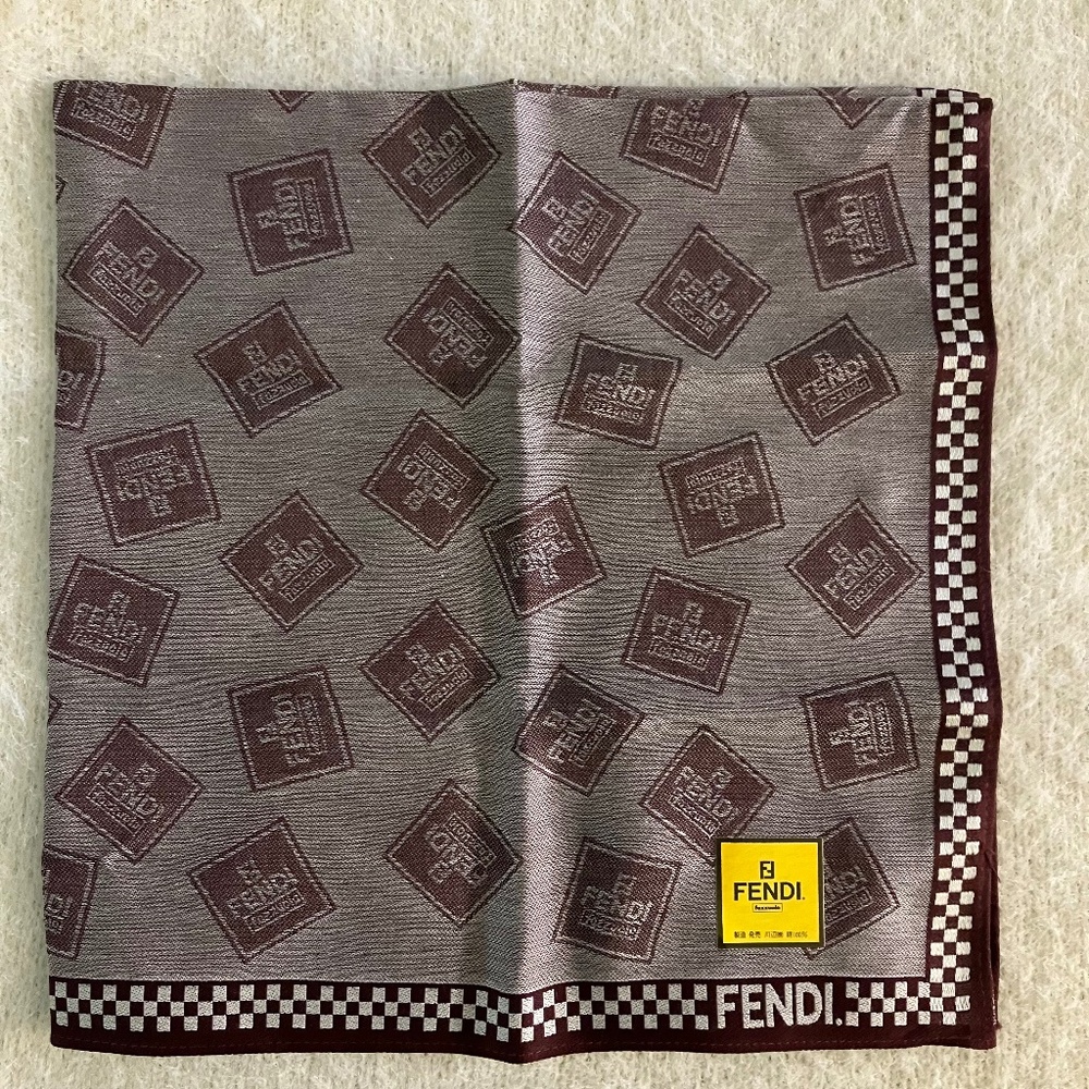 New FENDI Bandana Handkerchief Scarf Pocket Square Cotton FF Logo All Over